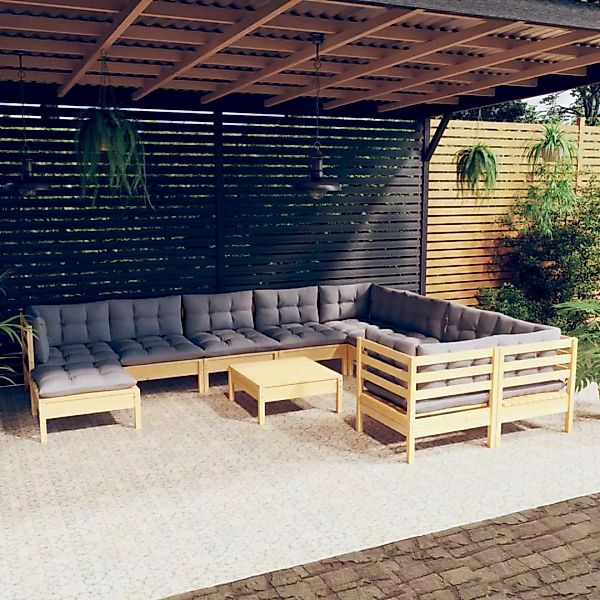 11-tlg. Garten-lounge-set Mit Grauen Kissen Kiefernholz günstig online kaufen