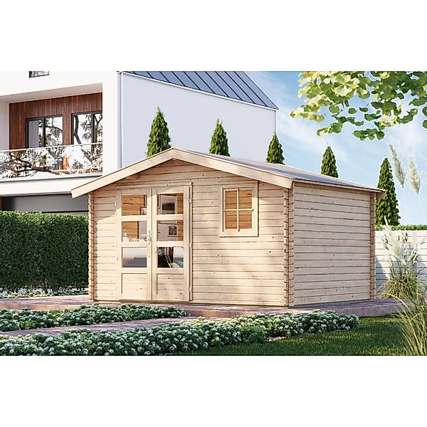 Karibu Holz-Gartenhaus Arosa Natur Satteldach Unbehandelt 372 cm x 282 cm günstig online kaufen