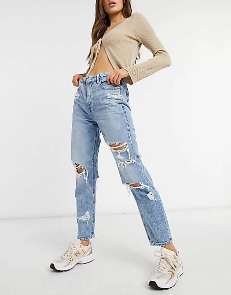 American Eagle – Mom-Jeans mit Zierrissen in verwaschenem Mittelblau günstig online kaufen