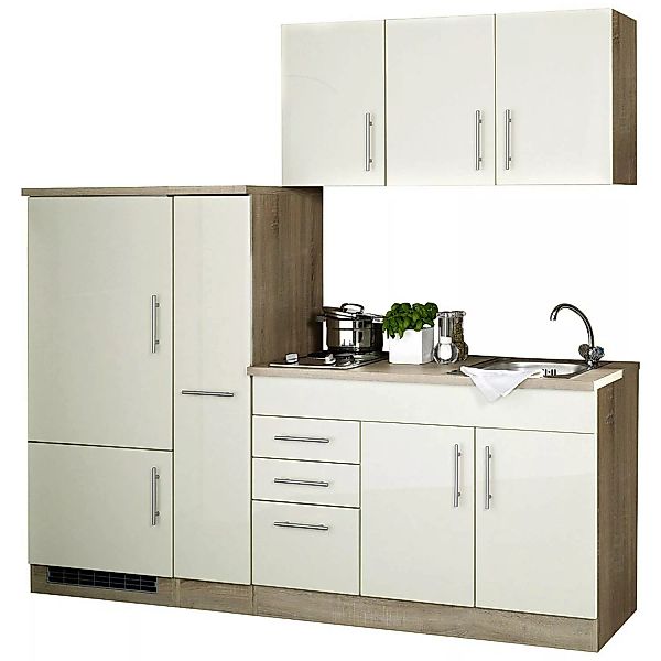 Single-Küche 210 TERAMO-03 Hochglanz Creme Breite 210 cm inkl. Kühlschrank günstig online kaufen