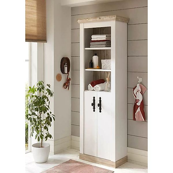 Badezimmer Schrank in Weiß und Pinienfarben 200 cm hoch günstig online kaufen