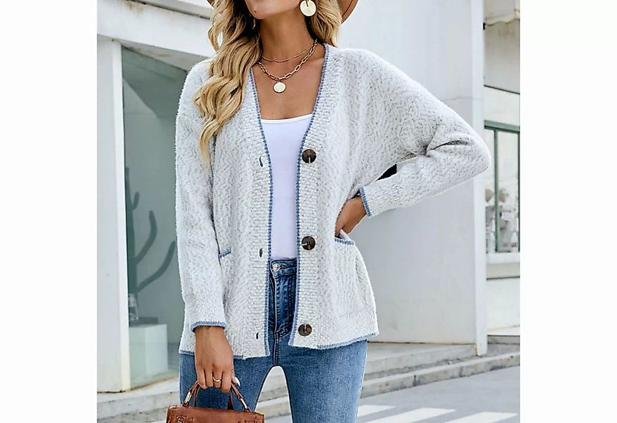 FIDDY Cardigan Kontrastfarbener Knopfpullover Herbst Winter Pullover Damen- günstig online kaufen