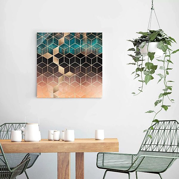 Glasbild - Quadrat Türkis Rosé goldene Geometrie günstig online kaufen
