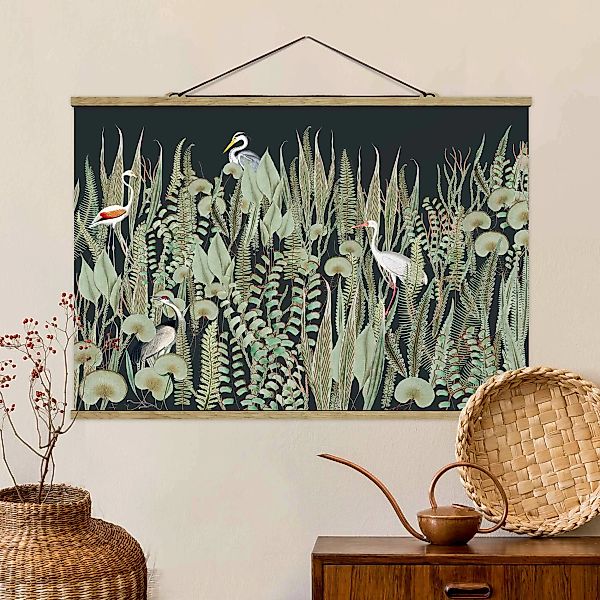 Stoffbild mit Posterleisten Flamingo und Storch mit Pflanzen auf Grün günstig online kaufen
