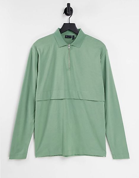 ASOS DESIGN – Langärmliges Oversize-Polohemd in Grün mit Reißverschlussdeta günstig online kaufen