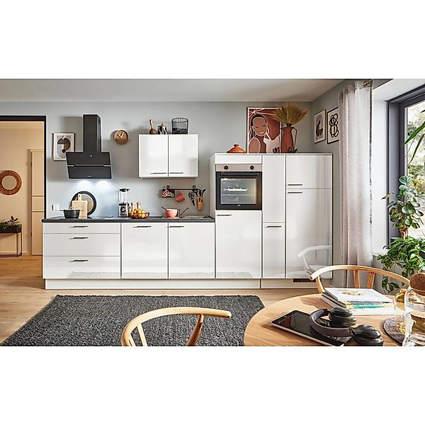 pino Küchenzeile 370cm Weiß Hochglanz Anschlag R 1 Geräte-, 1 Apothekerschr günstig online kaufen
