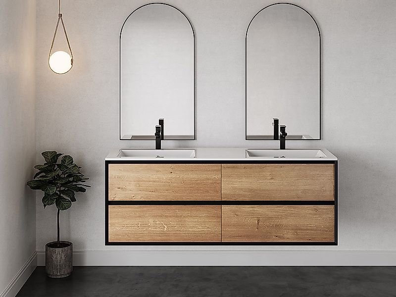 Waschbeckenunterschrank hängend - Holzfarben hell & Schwarz - 150 cm - LANN günstig online kaufen