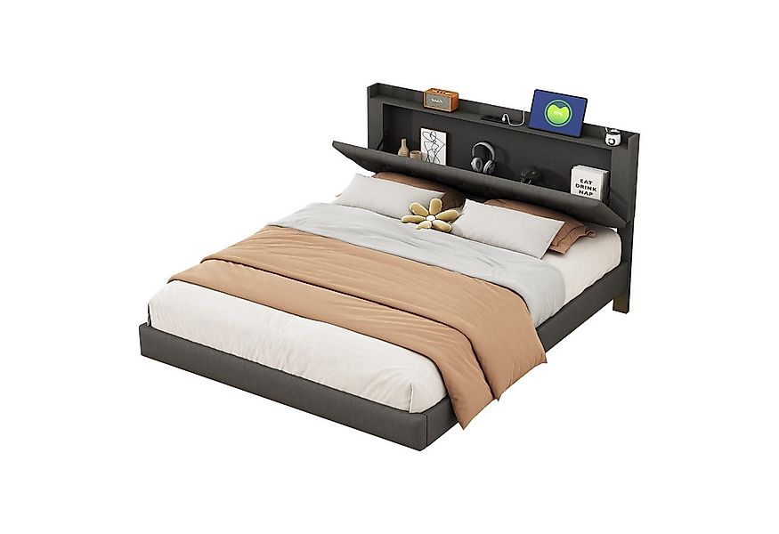 Flieks Polsterbett, LED Doppelbett 160x200cm mit Ladeanschluss und Stauraum günstig online kaufen