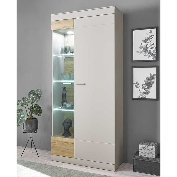 Wohnzimmer Vitrinenschrank in Hellgrau Zinneichefarben günstig online kaufen