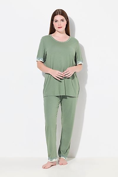 Ulla Popken Pyjama Schlafanzug Spitzenkanten Rundhals günstig online kaufen