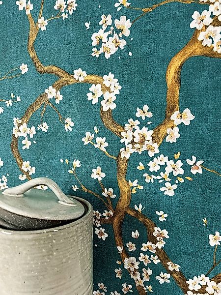 Newroom Vliestapete, Petrol Tapete Floral Kirschblüten - Mustertapete Blume günstig online kaufen