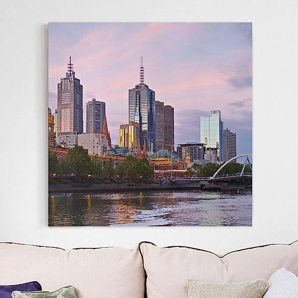 Leinwandbild - Quadrat Melbourne im Sonnnenuntergang günstig online kaufen