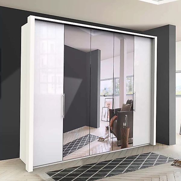 Schlafzimmerschrank in Weiß Falttüren und Spiegel günstig online kaufen