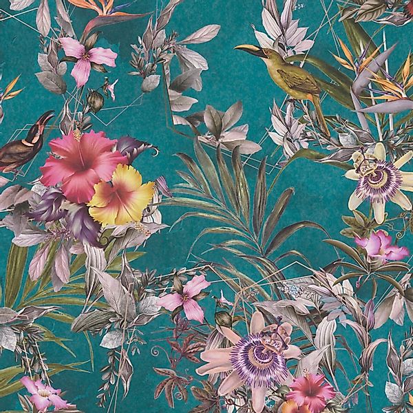 PROFHOME 381783-GU Blumen Tapete Floral Matt Türkis Grün Rosa Orange 0,53 m günstig online kaufen