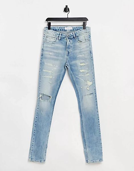 Topman – Eng geschnittene Jeans aus Bio-Baumwollmix mit mehreren Zierrissen günstig online kaufen