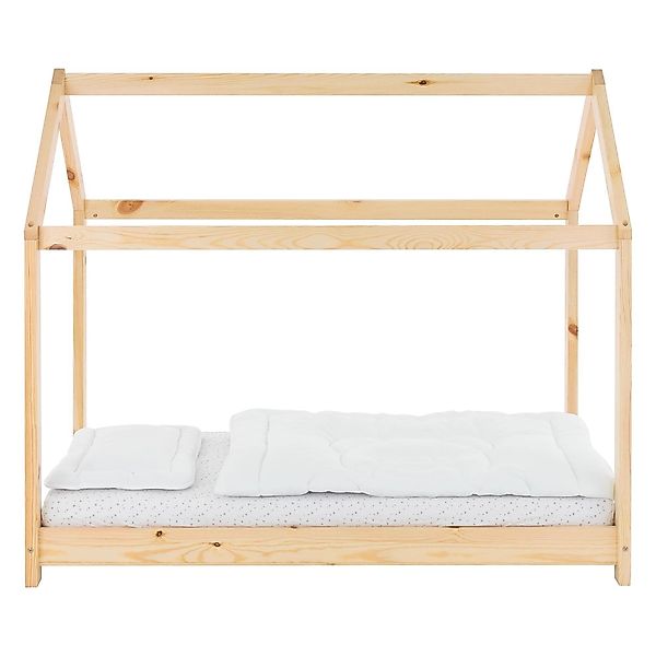 ML-Design Kinderbett 70x140 cm Natur mit Matratze Dach und Lattenrost Hausb günstig online kaufen