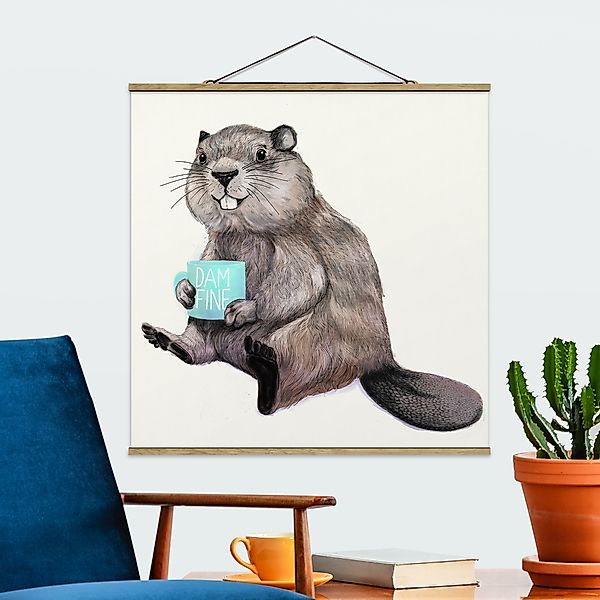 Stoffbild - Quadrat Illustration Biber mit Kaffeetasse günstig online kaufen