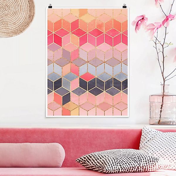 Poster Kunstdruck - Hochformat Buntes Pastell goldene Geometrie günstig online kaufen