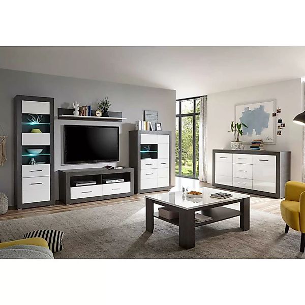 Wohnzimmer Set in Weiß Hochglanz Beton Grau (sechsteilig) günstig online kaufen