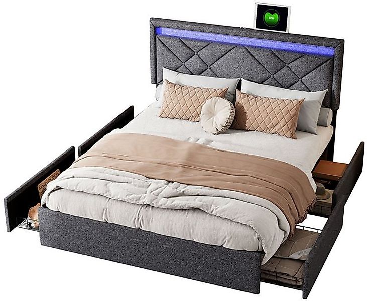 FUROKOY Polsterbett Doppelbett Stauraumbett Mit LED-Beleuchtung USB+TYPE-C günstig online kaufen