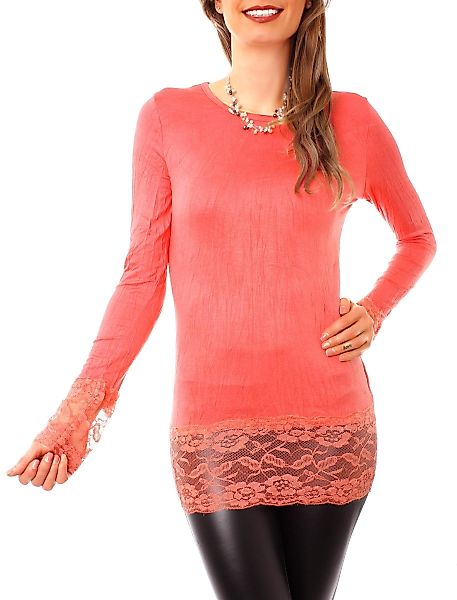 Muse Rundhalsshirt Langarm Longshirt mit Spitzensaum günstig online kaufen