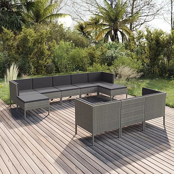 10-tlg. Garten-lounge-set Mit Auflagen Poly Rattan Grau günstig online kaufen