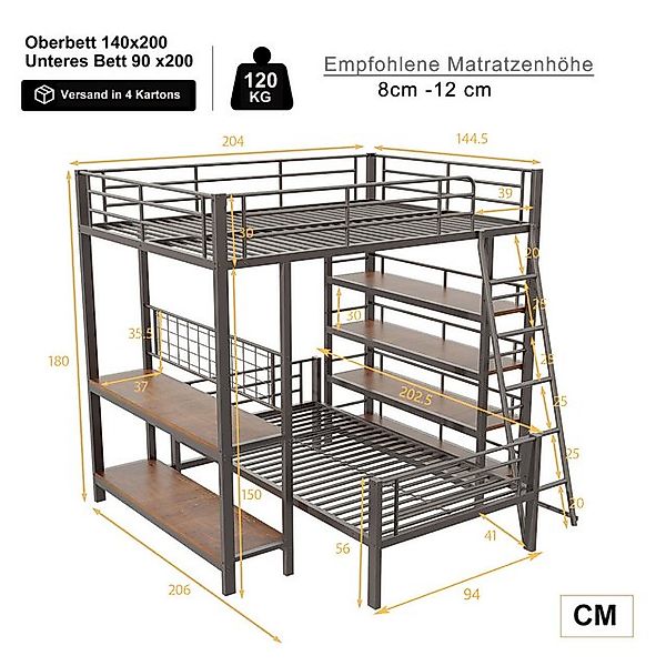 Odikalo Etagenbett Metallbett Bettgestell Hochbett mit Ablagefächern, 140x2 günstig online kaufen
