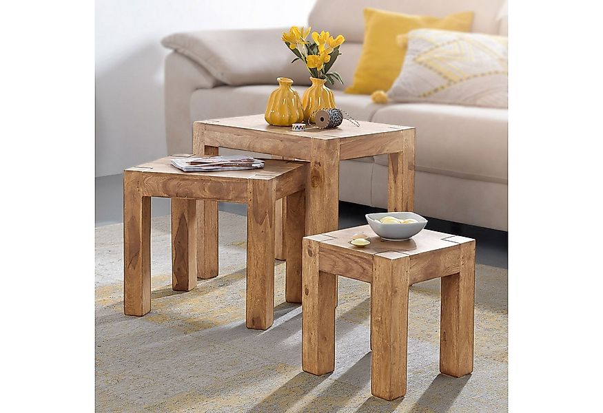 FINEBUY Satztisch FB40484 Wohnzimmertisch 3-teilig Akazie Massivholz Beiste günstig online kaufen