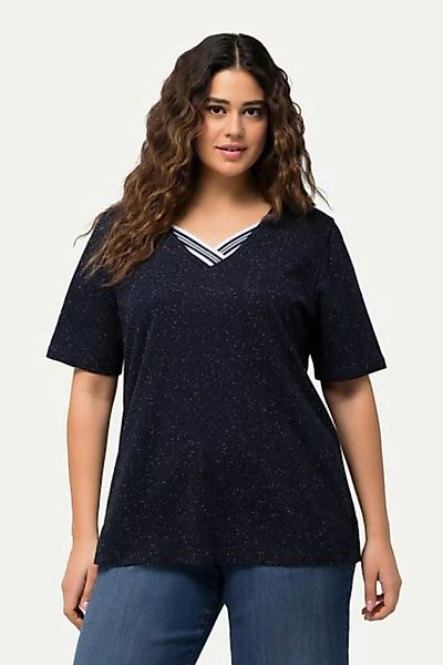 Ulla Popken Rundhalsshirt T-Shirt Noppen Zierbänder V-Ausschnitt Halbarm günstig online kaufen