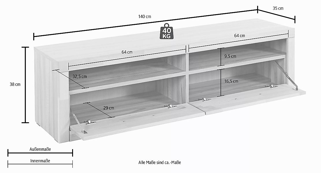 Home affaire Lowboard "Ribe,140cm breit,38cm hoch mit 2 Klappen", Holz mass günstig online kaufen