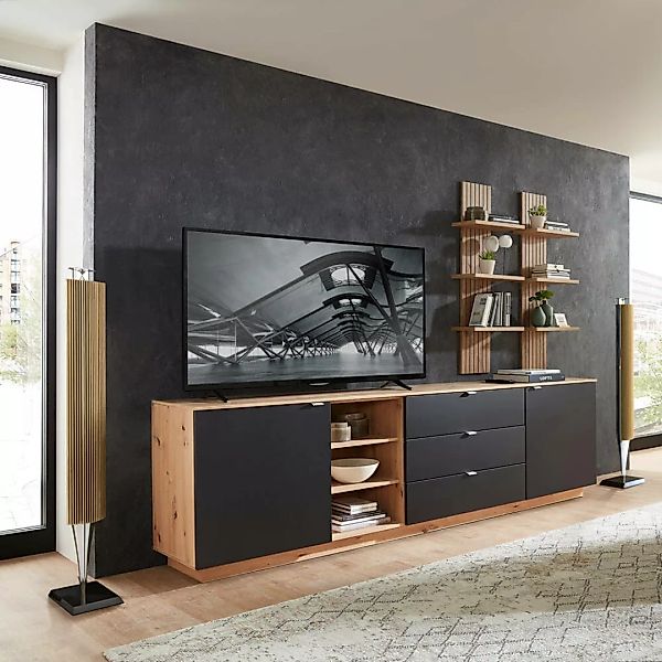 TV Sideboard Set mit Wandregalen Fernsehschrank Eiche mit schwarz, Breite 2 günstig online kaufen