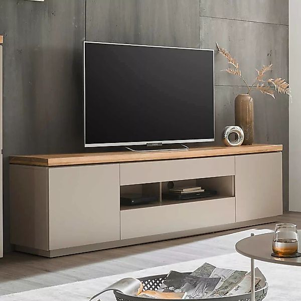 XL TV Lowboard in Taupe Deckplatte aus Akazie Massivholz günstig online kaufen