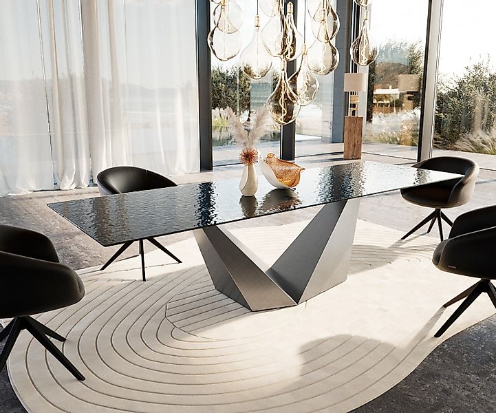 Esstisch Edge 300x100 Reliefglas Rauchschwarz 3D-Design Prisma Metallic Sil günstig online kaufen