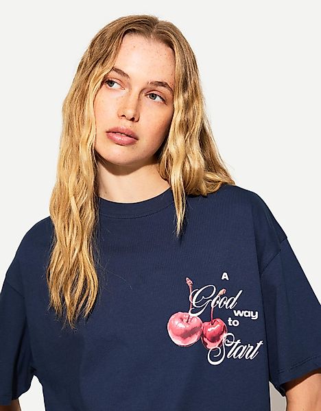 Bershka Oversize-T-Shirt Mit Print Damen L Marinenblau günstig online kaufen