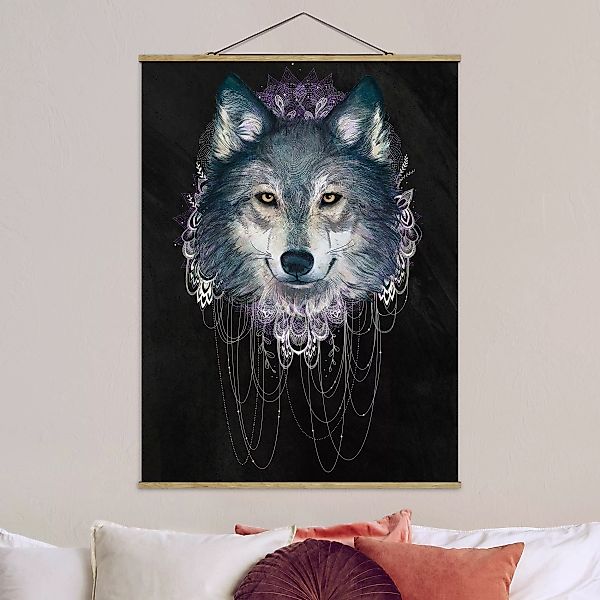 Stoffbild Tiere mit Posterleisten - Hochformat Illustration Wolf mit Boho T günstig online kaufen