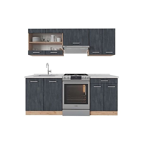 Vicco R-Line Küchenzeile Schwarz Beton/Goldkraft Eiche 200 cm AP Marmor ohn günstig online kaufen