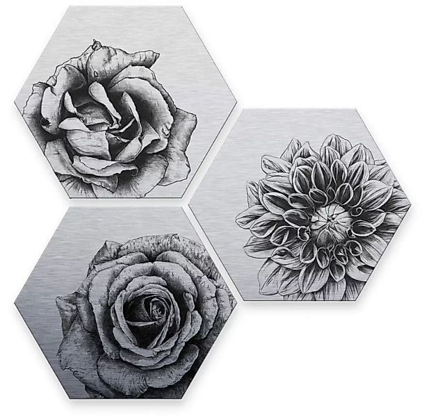 Wall-Art Mehrteilige Bilder »Silbereffekt Blumen Set«, (Set, 3 St.) günstig online kaufen