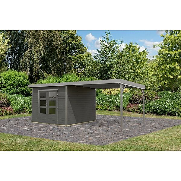 Karibu Gartenhaus Domingo B m. Anbaudach Terragrau/Grau 218,5 x 270 x 270 c günstig online kaufen