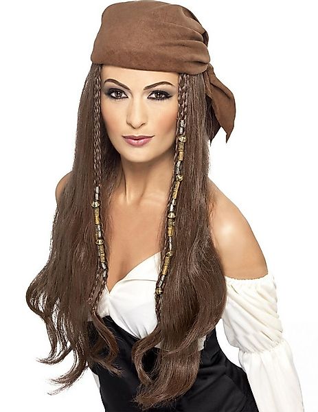 Smiffys Kostüm Piraten-Damenperücke Langhaar-Perücke mit Kopftuch und Haars günstig online kaufen