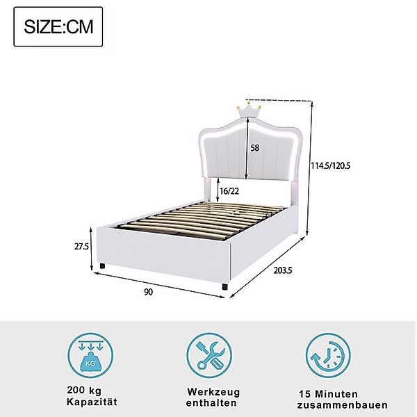 FOSMET Polsterbett Polster-Kinderbett 90x200 cm mit LED, PU-Krone, Lattenro günstig online kaufen
