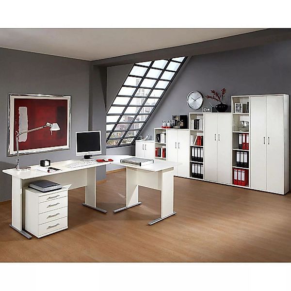 Büromöbel Set STETTIN-16 weiß, Eckschreibtisch mit Container, 3 Aktenregale günstig online kaufen