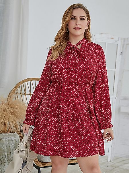 Plus Size Polka Dot Elastischer Riemen Bindedesign Lange Ärmel Mini Kleid günstig online kaufen