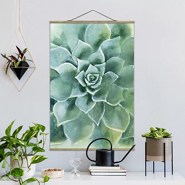 Stoffbild Blumen mit Posterleisten - Hochformat Sukkulente Aquarell Dunkel günstig online kaufen