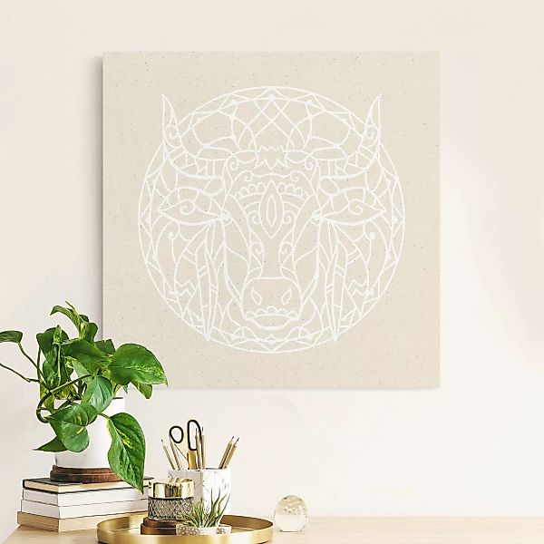 Leinwandbild auf Canvas Natural Weiße Linien - Mandala mit Stier günstig online kaufen