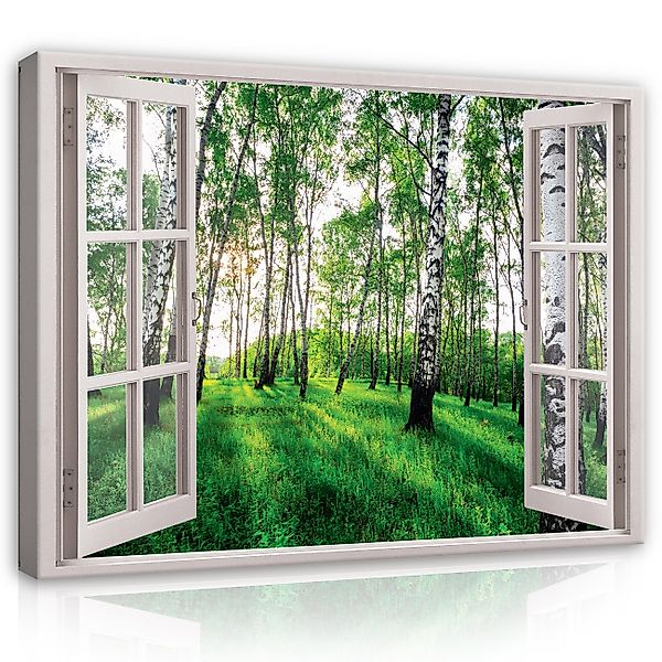 Wallarena Leinwandbild Fensterblick Wald Birkenwald Grün günstig online kaufen