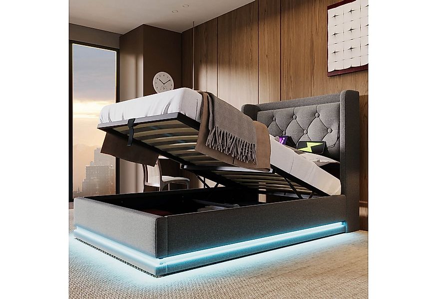 Flieks Polsterbett, LED Hydraulisches Stauraumbett Einzelbett 90x200cm mit günstig online kaufen