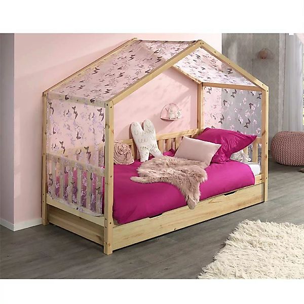 Haus Kinder Einzelbett aus Kiefer Massivholz Vorhang günstig online kaufen