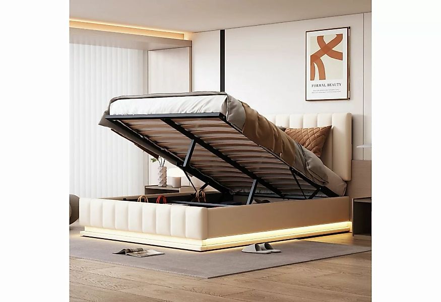 OKWISH Polsterbett Doppelbett (140 x 200 cm mit LED, Metalllattenrost & Bet günstig online kaufen