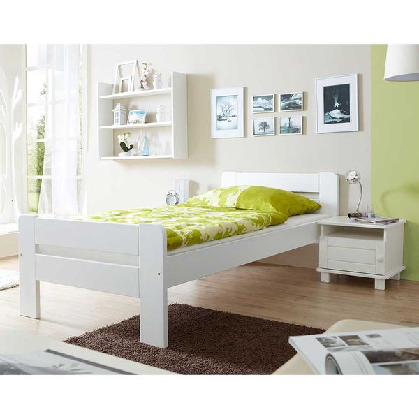 Holzbett und Nachtkonsole in Weiß Kiefer Massivholz (zweiteilig) günstig online kaufen