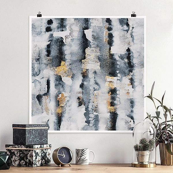 Poster Abstrakt - Quadrat Abstraktes Aquarell mit Gold günstig online kaufen